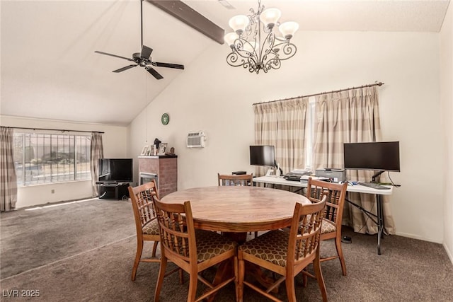 carpeted dining space featuring high vaulted ceiling, beamed ceiling, ceiling fan with notable chandelier, and an AC wall unit