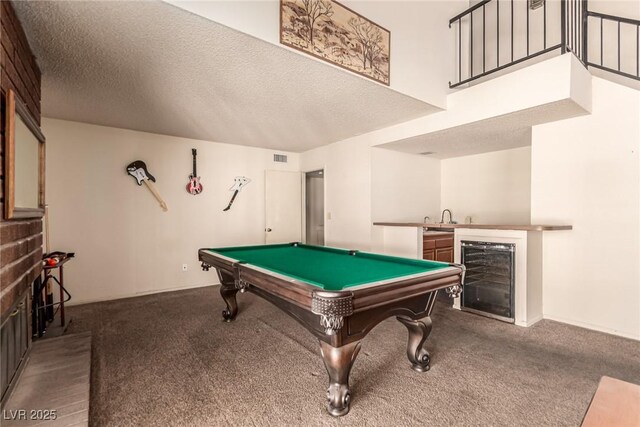 rec room featuring visible vents, wine cooler, billiards, carpet, and wet bar