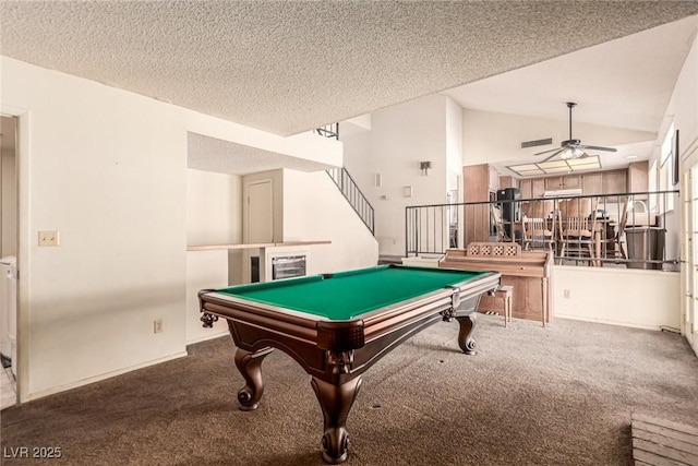 playroom featuring carpet floors, billiards, ceiling fan, and visible vents