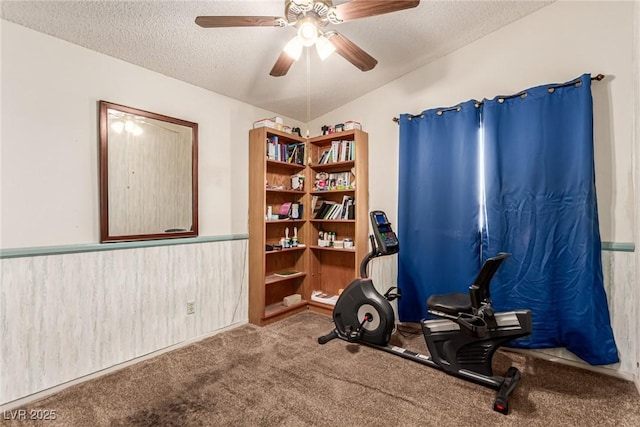 exercise room featuring a textured ceiling, wainscoting, ceiling fan, and carpet
