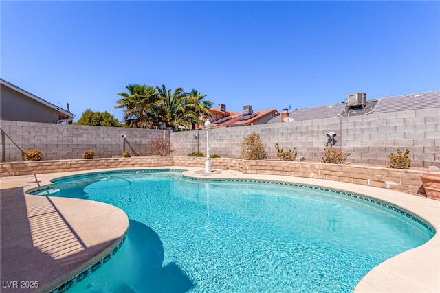 view of pool with central air condition unit, a fenced in pool, and a fenced backyard