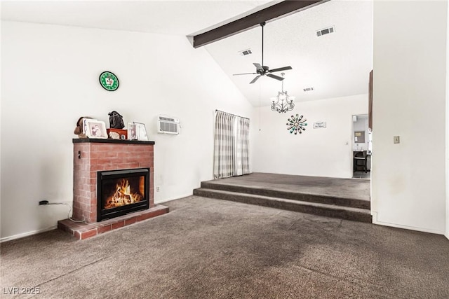 carpeted living room featuring a brick fireplace, a ceiling fan, visible vents, and beam ceiling
