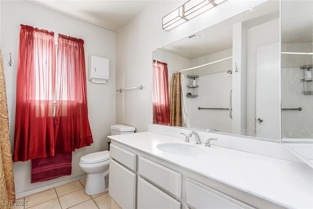 full bathroom featuring a shower with curtain, tile patterned floors, vanity, and toilet