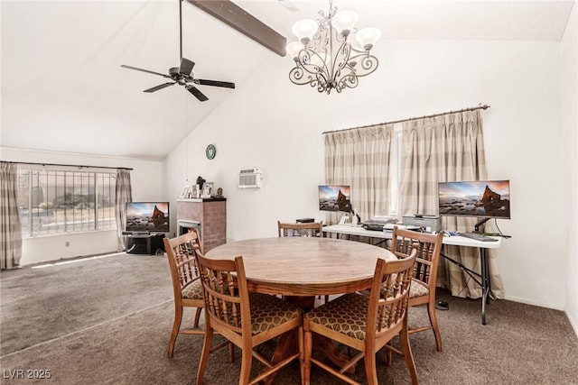 carpeted dining area featuring high vaulted ceiling, a wall mounted AC, beam ceiling, and ceiling fan with notable chandelier