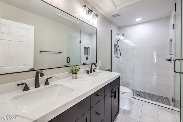 260 Pioneers Peak, Henderson, NV 89002 - full bathroom with a sink, visible vents, double vanity, and a shower stall