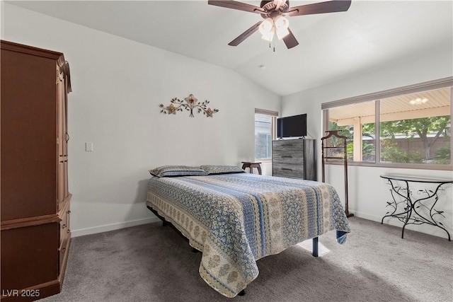 bedroom with carpet, lofted ceiling, and baseboards