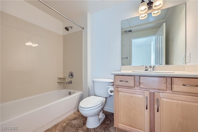 full bathroom featuring tub / shower combination, visible vents, toilet, and vanity