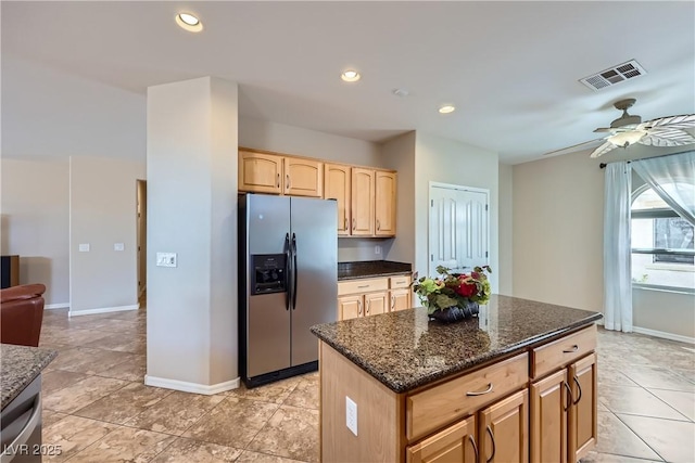 kitchen featuring a ceiling fan, recessed lighting, visible vents, and stainless steel refrigerator with ice dispenser