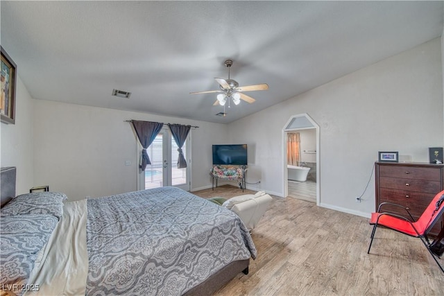 3424 Mount Charleston Dr, Pahrump, NV 89048 - bedroom with wood finished floors, access to outside, baseboards, ceiling fan, and ensuite bath
