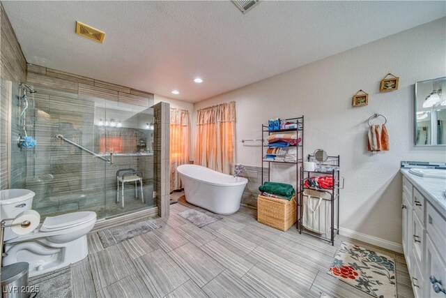 3424 Mount Charleston Dr, Pahrump, NV 89048 - bathroom featuring vanity, a shower stall, a freestanding tub, toilet, and a textured ceiling