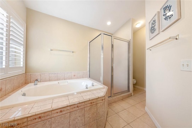 full bathroom with a shower stall, a wealth of natural light, and tile patterned floors