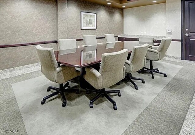 carpeted home office with recessed lighting
