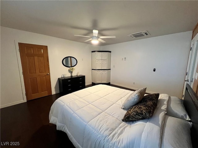 4861 Pahrump Valley Blvd, Pahrump, NV 89048 - bedroom featuring dark wood-style floors, baseboards, ceiling fan, and visible vents