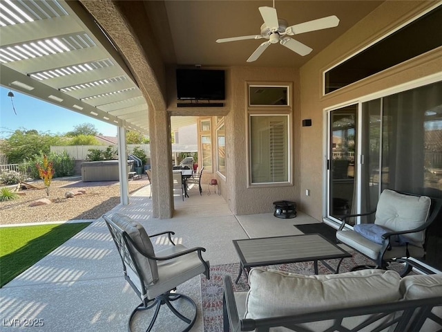 2736 Darby Falls Dr, Las Vegas, NV 89134 - view of patio / terrace with a hot tub, outdoor lounge area, ceiling fan, a pergola, and fence