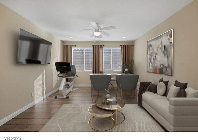 living room featuring wood finished floors, recessed lighting, baseboards, and ceiling fan