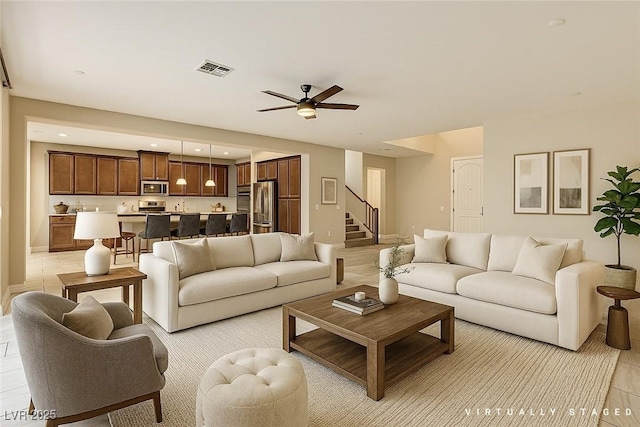 1004 Bluebird Ridge Ct, North Las Vegas, NV 89084 - living room with stairs, ceiling fan, and recessed lighting