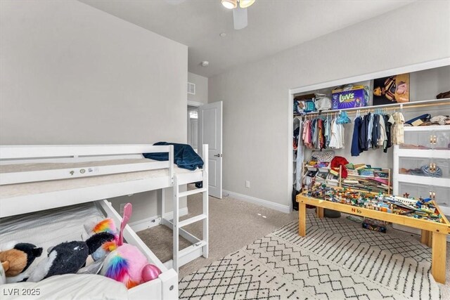 505 Punto Vallata Dr, Henderson, NV 89011 - bedroom featuring baseboards, carpet floors, visible vents, a closet, and ceiling fan