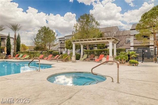 community pool featuring a patio, a pergola, fence, and a hot tub