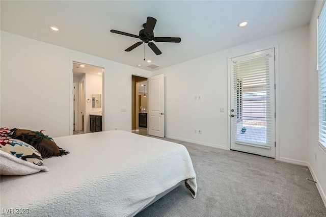 243 Sun Glaze Ave, Henderson, NV 89011 - bedroom with recessed lighting, light colored carpet, baseboards, ensuite bathroom, and ceiling fan