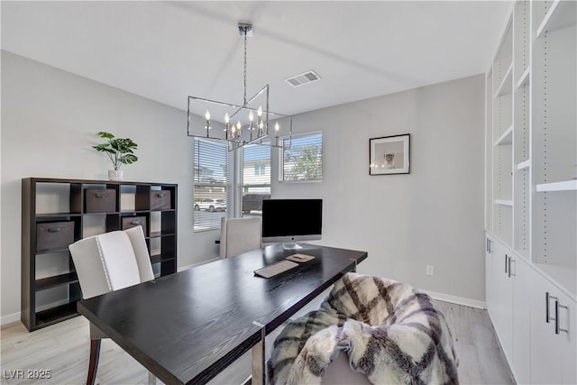 1609 Dream Canyon Ave, North Las Vegas, NV 89084 - home office with baseboards, a chandelier, visible vents, and light wood-type flooring