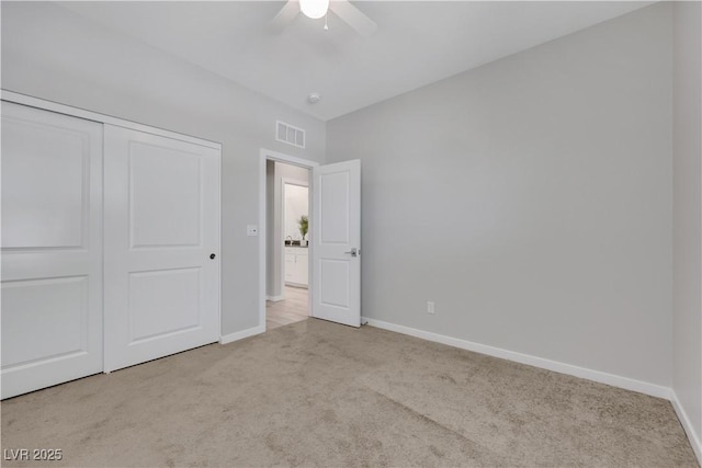 1609 Dream Canyon Ave, North Las Vegas, NV 89084 - unfurnished bedroom with a ceiling fan, a closet, baseboards, carpet flooring, and visible vents