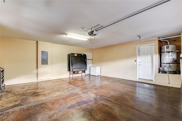 garage with secured water heater, a garage door opener, and electric panel