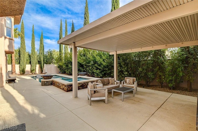 view of patio with a fenced in pool, a fenced backyard, an in ground hot tub, and an outdoor hangout area