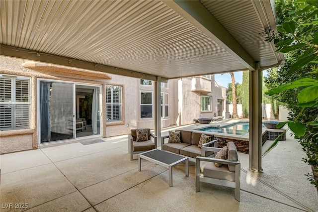 view of patio featuring a fenced in pool and an outdoor living space