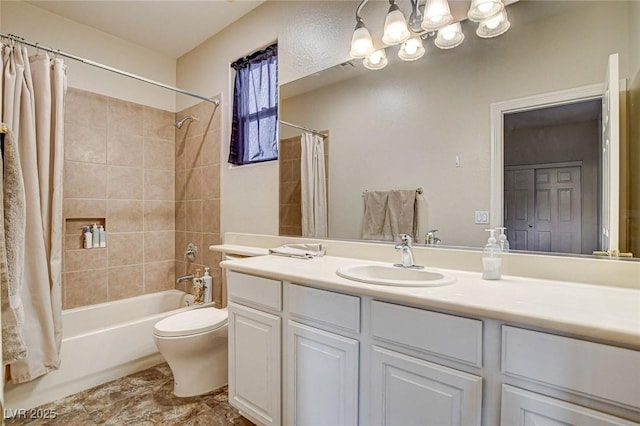 bathroom featuring vanity, shower / tub combo, and toilet