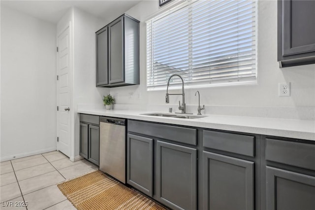 kitchen with a sink, a healthy amount of sunlight, stainless steel dishwasher, and gray cabinetry