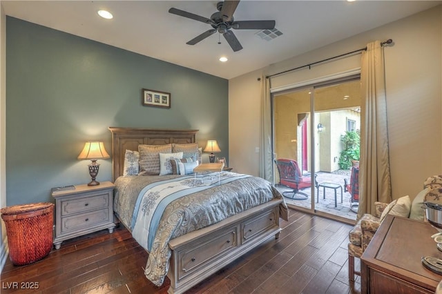 79 Rezzonico Dr, Henderson, NV 89011 - bedroom with access to outside, hardwood / wood-style flooring, recessed lighting, and a ceiling fan