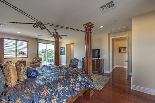 79 Rezzonico Dr, Henderson, NV 89011 - bedroom featuring baseboards, wood finished floors, recessed lighting, a ceiling fan, and access to exterior