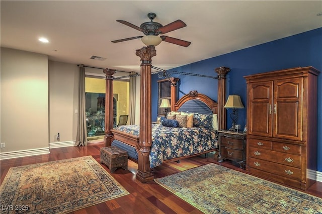 79 Rezzonico Dr, Henderson, NV 89011 - bedroom featuring dark wood-style flooring, baseboards, recessed lighting, and a ceiling fan