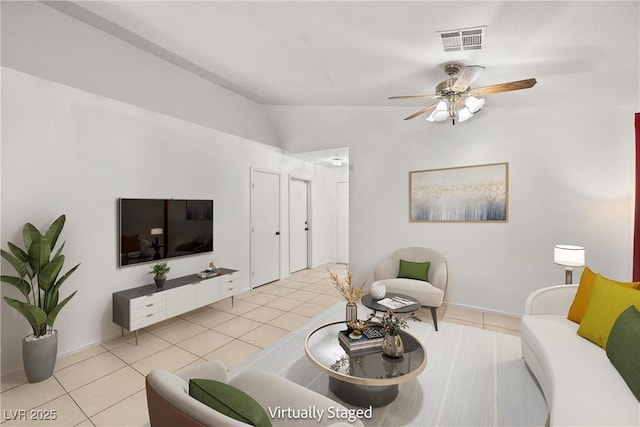 388 Coronado Dr, Henderson, NV 89015 - living area featuring tile patterned flooring, lofted ceiling, and a ceiling fan