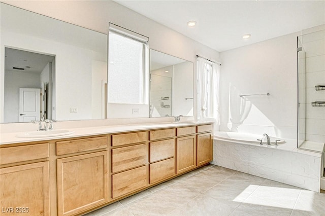 9993 Birch Knoll Ave, Las Vegas, NV 89166 - full bath with a bath, double vanity, tile patterned flooring, and a shower