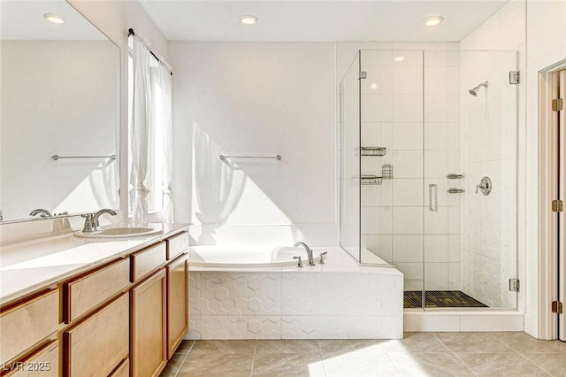 9993 Birch Knoll Ave, Las Vegas, NV 89166 - full bath featuring a stall shower, a bath, vanity, tile patterned floors, and recessed lighting
