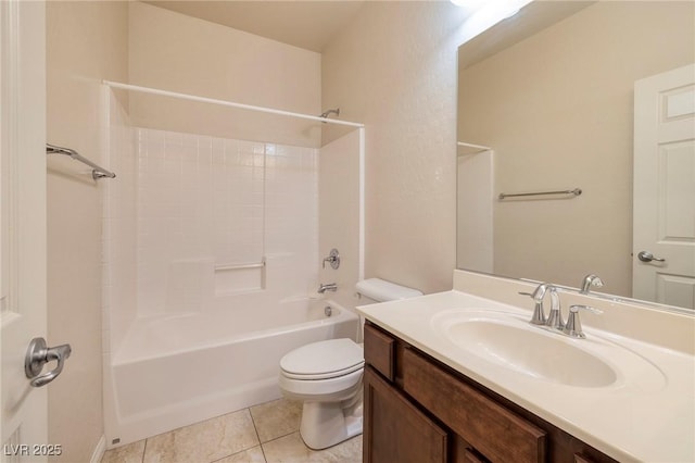 full bathroom with toilet,  shower combination, tile patterned flooring, and vanity