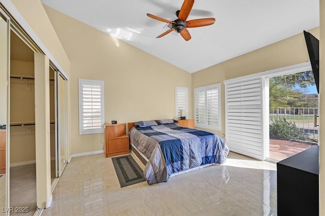 4932 Forest Oaks Dr, Las Vegas, NV 89149 - bedroom featuring access to outside, a ceiling fan, multiple closets, and high vaulted ceiling