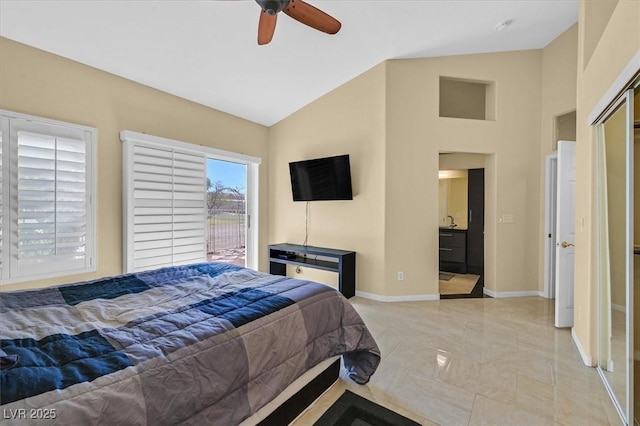 4932 Forest Oaks Dr, Las Vegas, NV 89149 - bedroom featuring lofted ceiling, access to exterior, and a ceiling fan