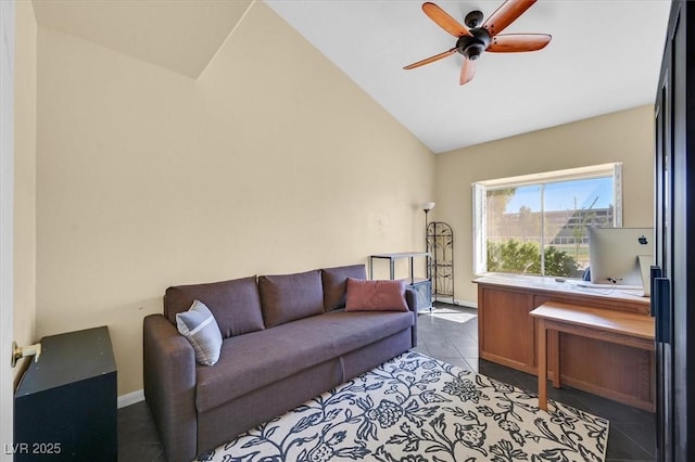 4932 Forest Oaks Dr, Las Vegas, NV 89149 - tiled living area featuring a ceiling fan, lofted ceiling, and an office area