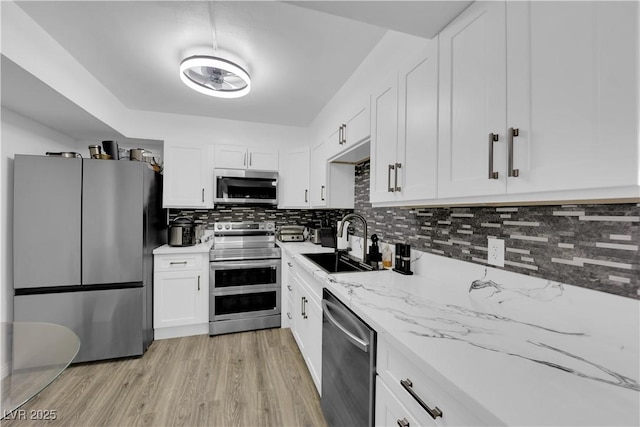 kitchen featuring decorative backsplash, white cabinets, light wood-style flooring, appliances with stainless steel finishes, and a sink
