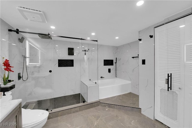 bathroom featuring vanity, a marble finish shower, recessed lighting, toilet, and marble finish floor
