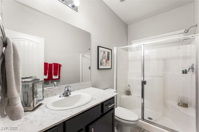 full bathroom featuring toilet, vanity, and a shower stall