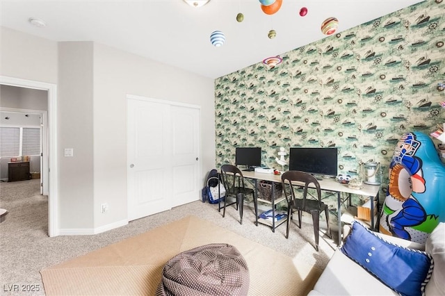 home office featuring baseboards, carpet flooring, and wallpapered walls