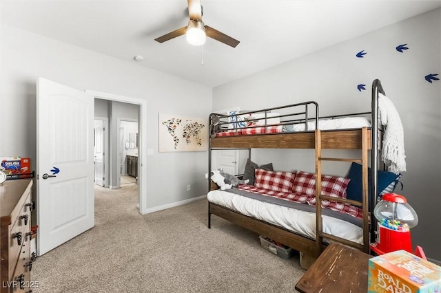 bedroom with baseboards, carpet flooring, and a ceiling fan