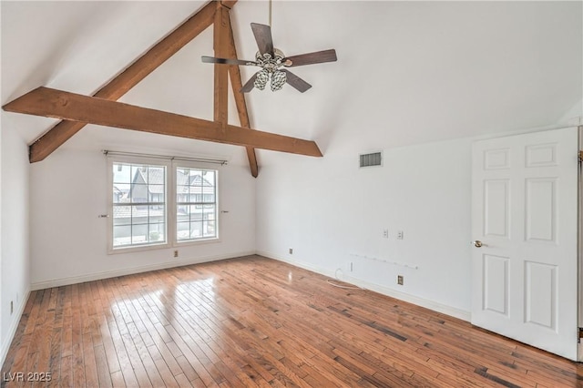 interior space featuring beam ceiling, hardwood / wood-style flooring, a ceiling fan, baseboards, and visible vents