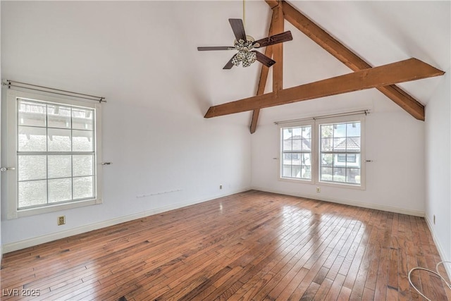 spare room featuring beamed ceiling, high vaulted ceiling, and hardwood / wood-style floors