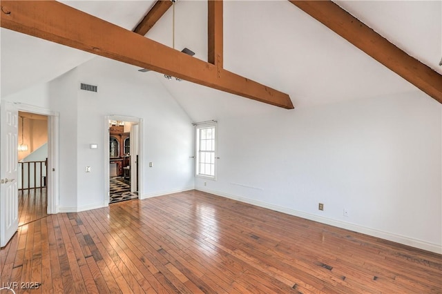 unfurnished living room with visible vents, beam ceiling, and hardwood / wood-style flooring