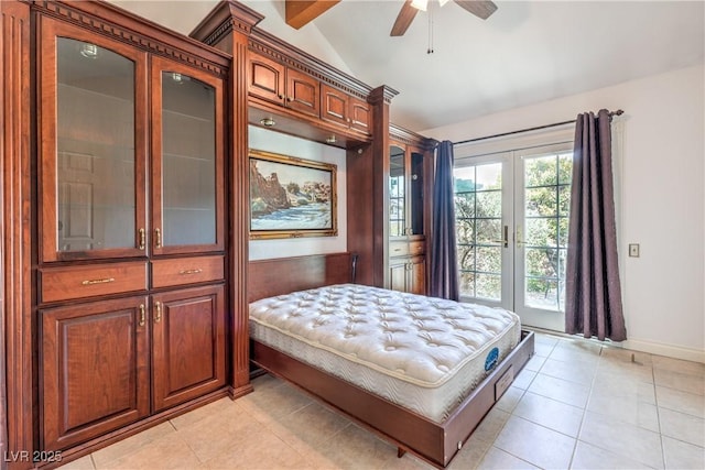 bedroom featuring light tile patterned floors, access to outside, baseboards, a ceiling fan, and vaulted ceiling with beams