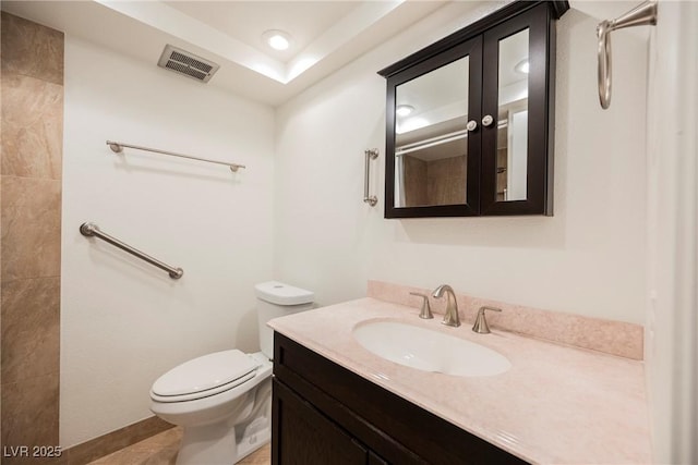 bathroom with recessed lighting, walk in shower, toilet, vanity, and visible vents
